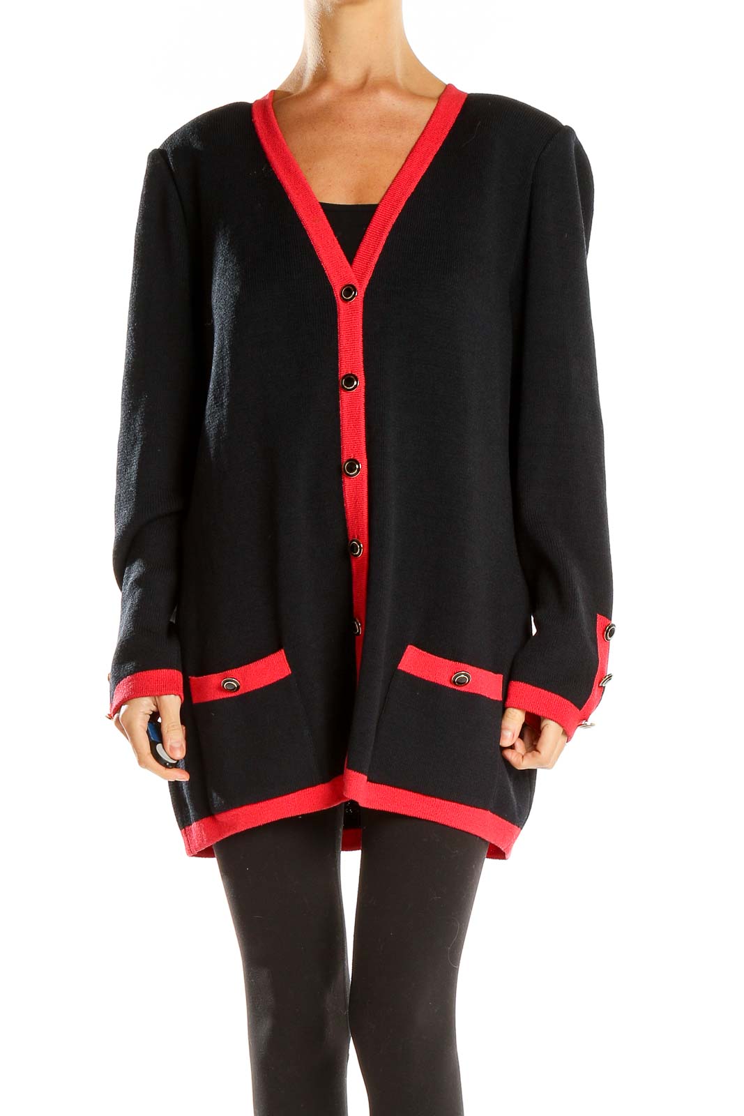 Hot St. John Collection Red long knit cardigan sweater black trim size US 6