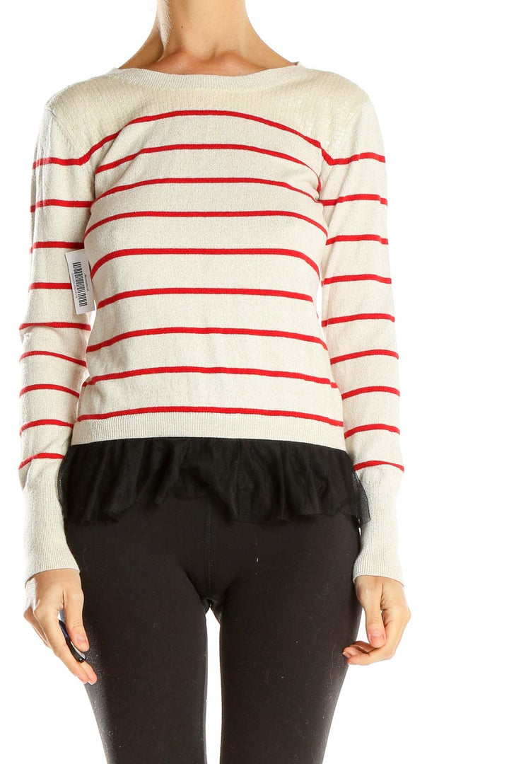 Beige Red Striped Sequin Top With Black Ruffle Edge