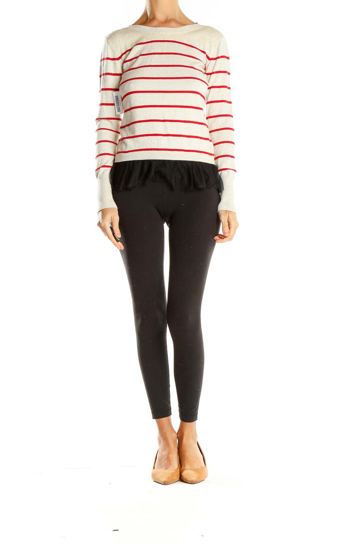 Beige Red Striped Sequin Top With Black Ruffle Edge