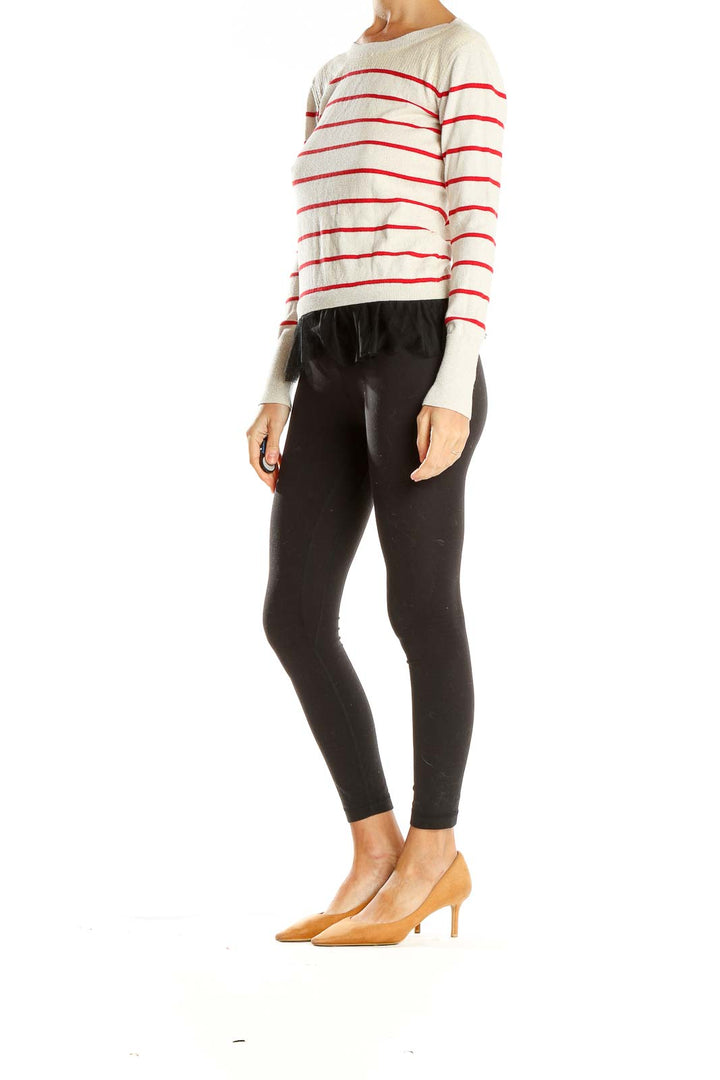 Beige Red Striped Sequin Top With Black Ruffle Edge