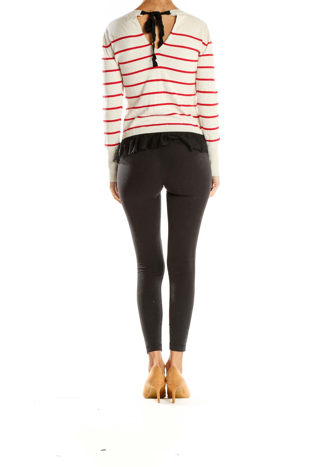 Beige Red Striped Sequin Top With Black Ruffle Edge