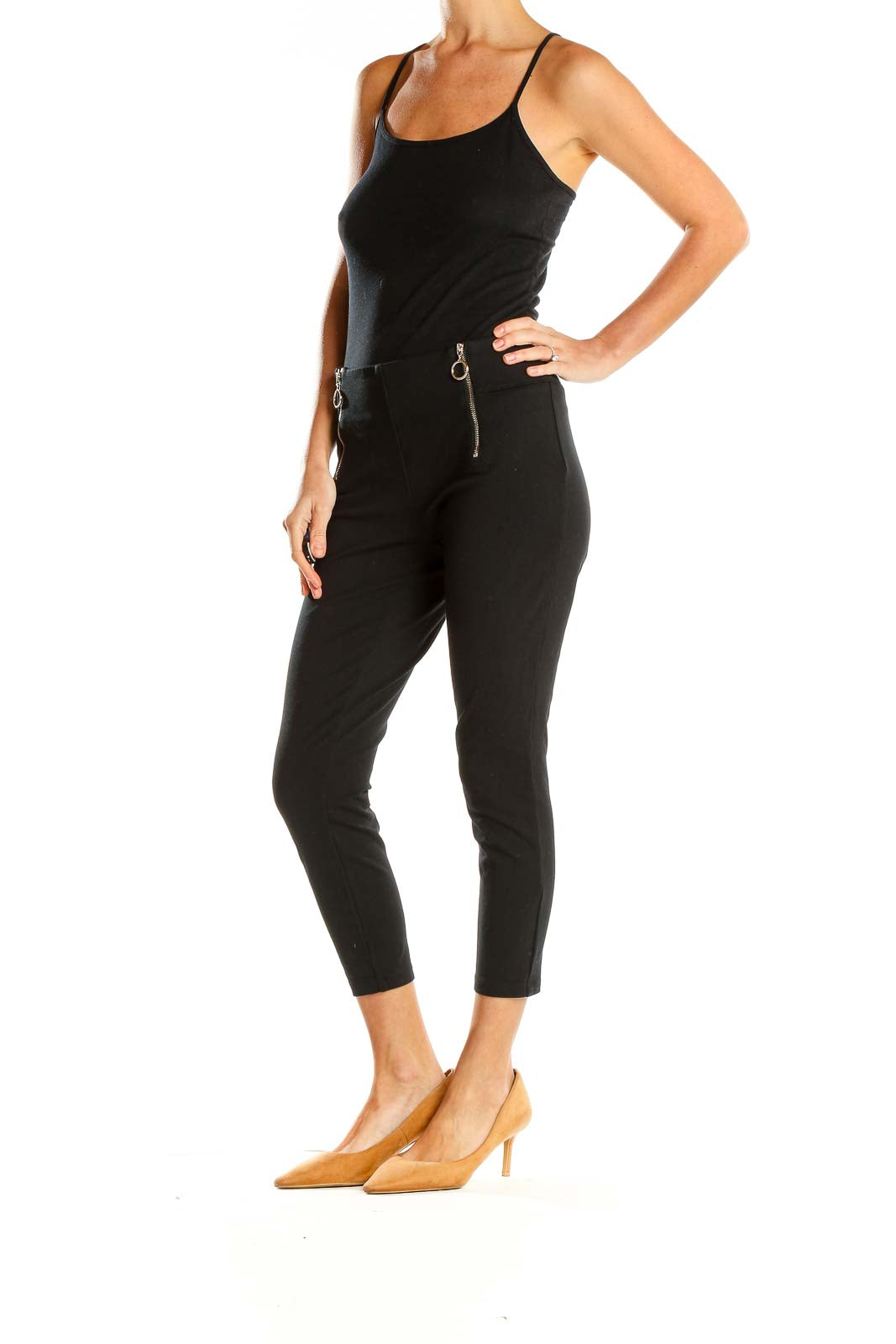 Black Cropped Zipper Skinny Pants