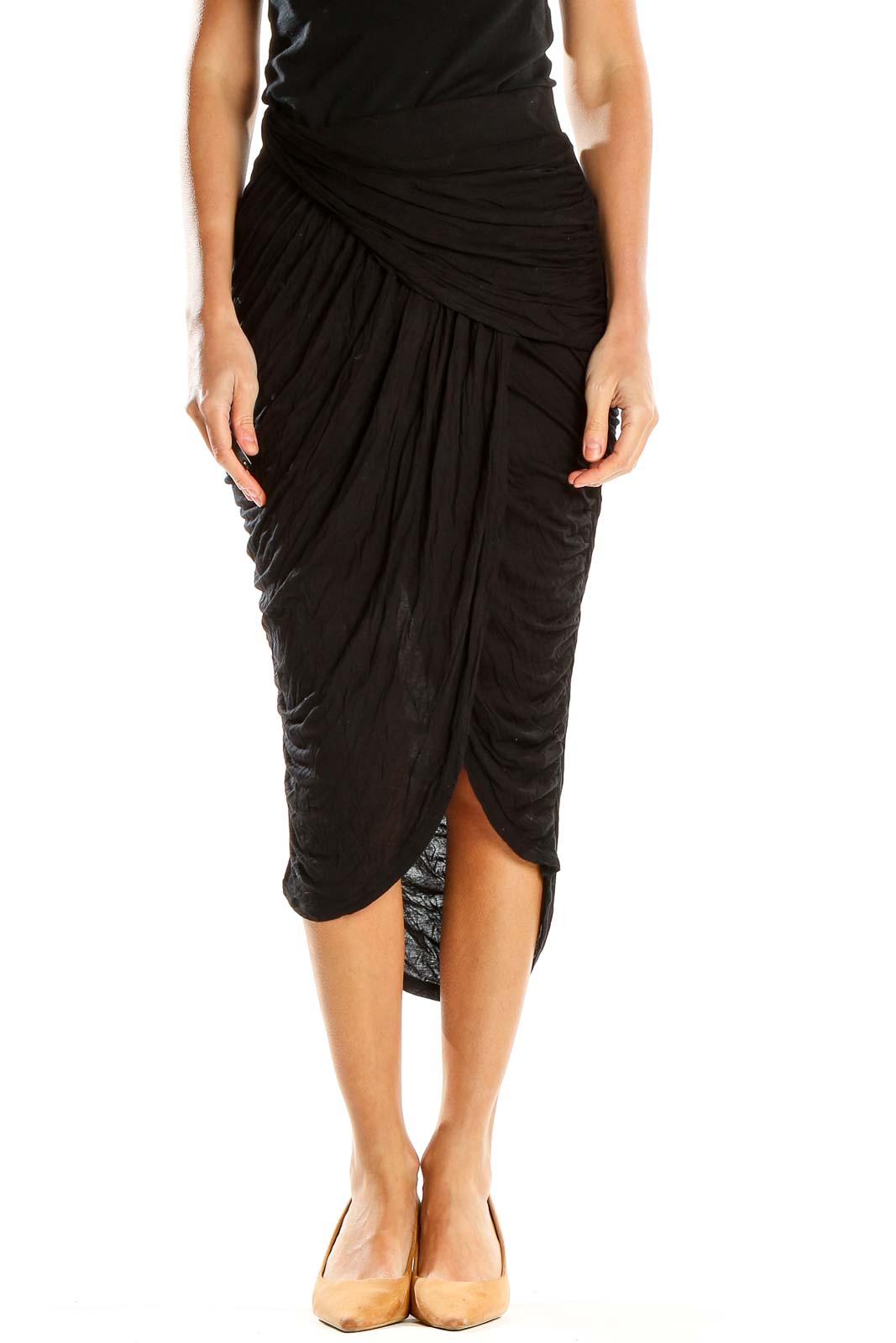 Front view of Free People black draped midi skirt with wrap-style design