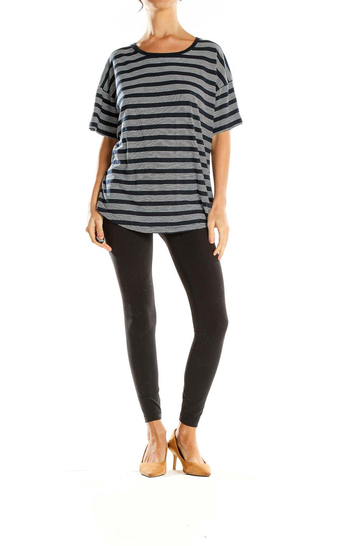 Black Gray Striped Casual T-Shirt