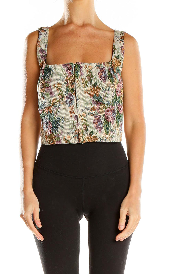 Gray Floral Print Cropped Corset Top