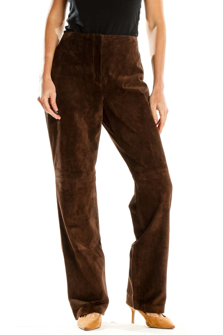 Brown Textured Leather Trousers