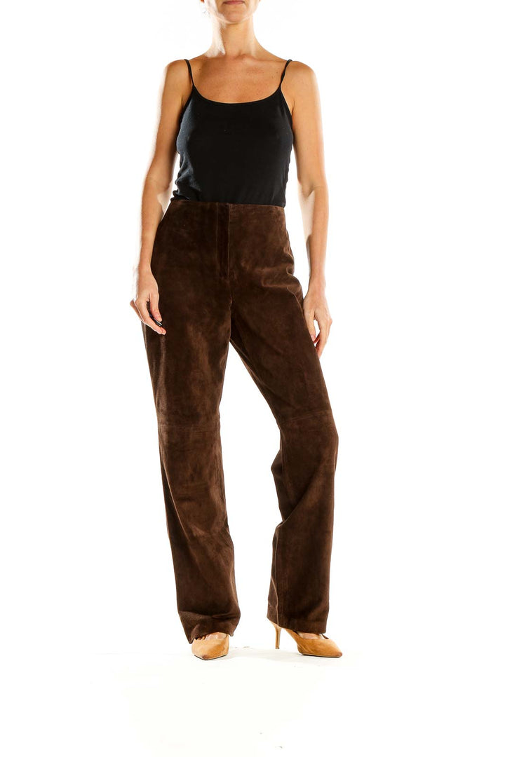 Brown Textured Leather Trousers