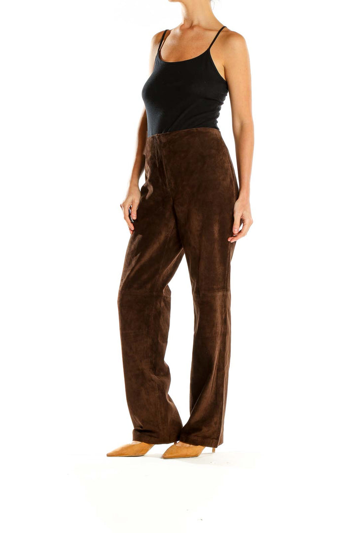 Brown Textured Leather Trousers