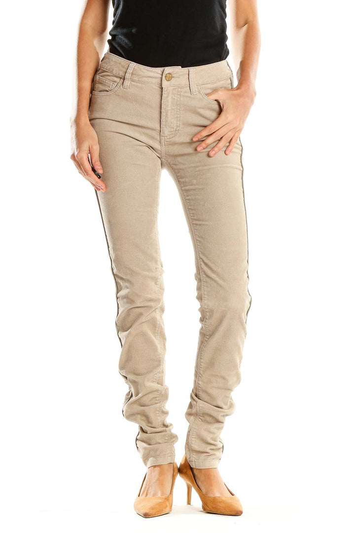 Beige Corduroy Piped Skinny Pants