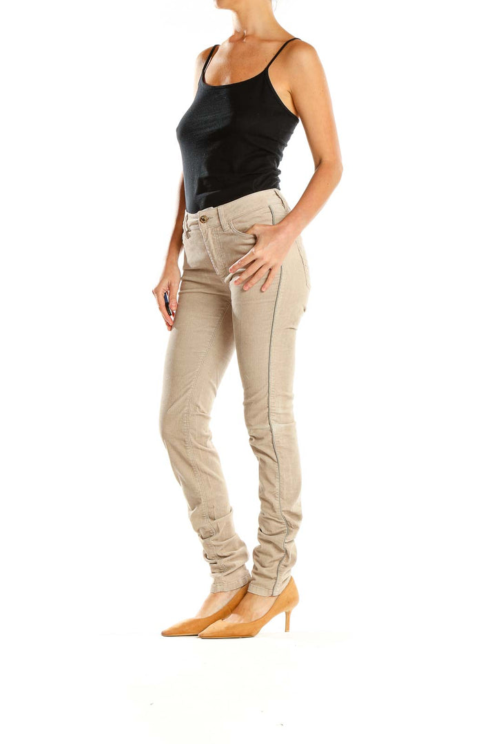 Beige Corduroy Piped Skinny Pants