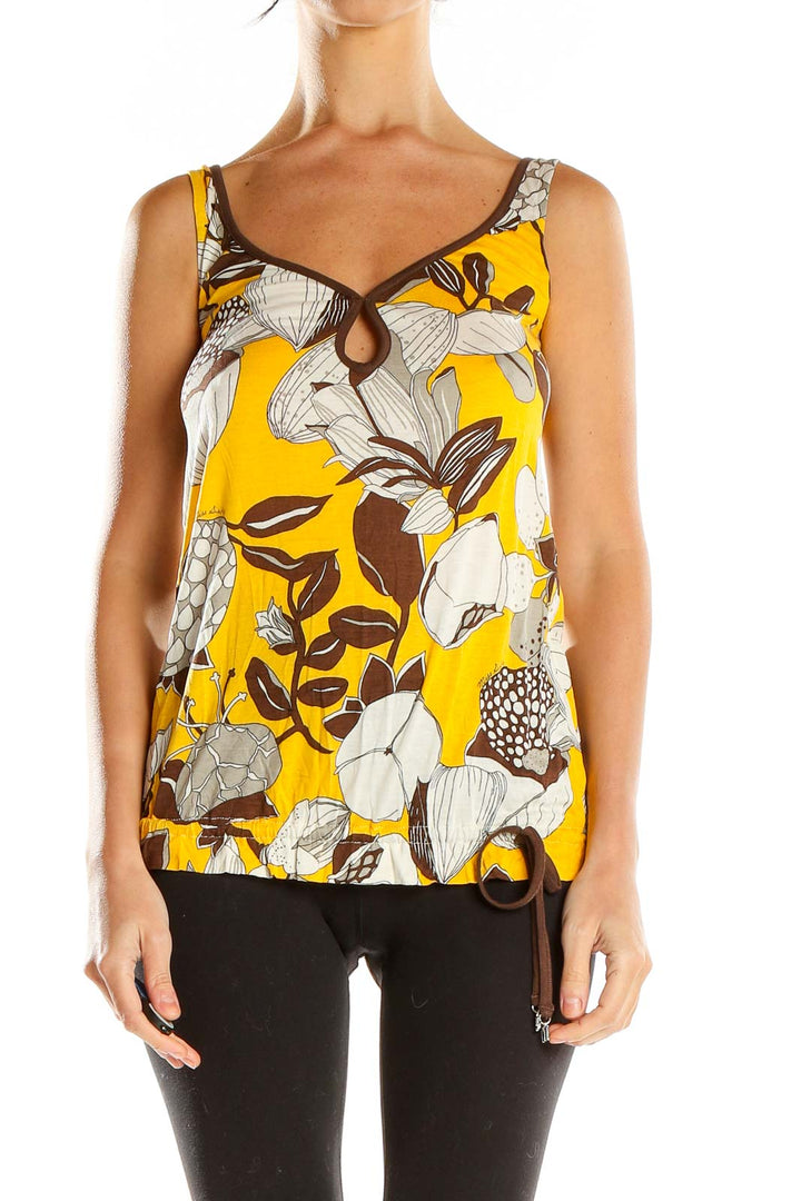 Yellow Brown Floral Print Retro Tank Top