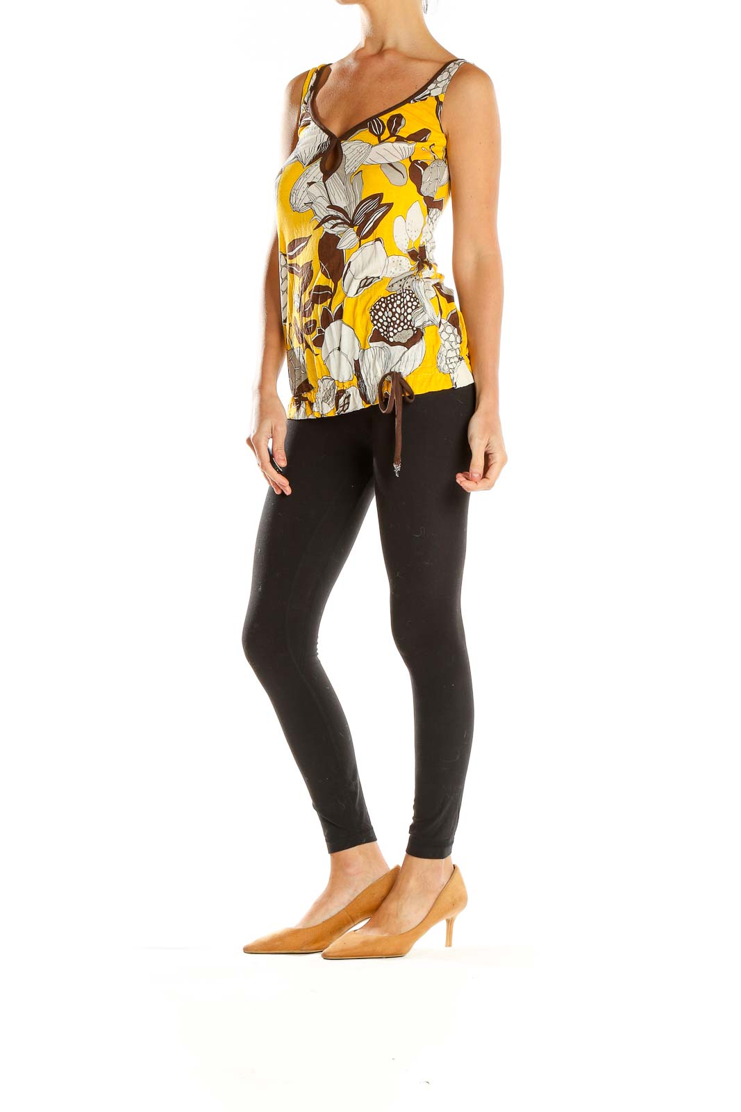 Yellow Brown Floral Print Retro Tank Top