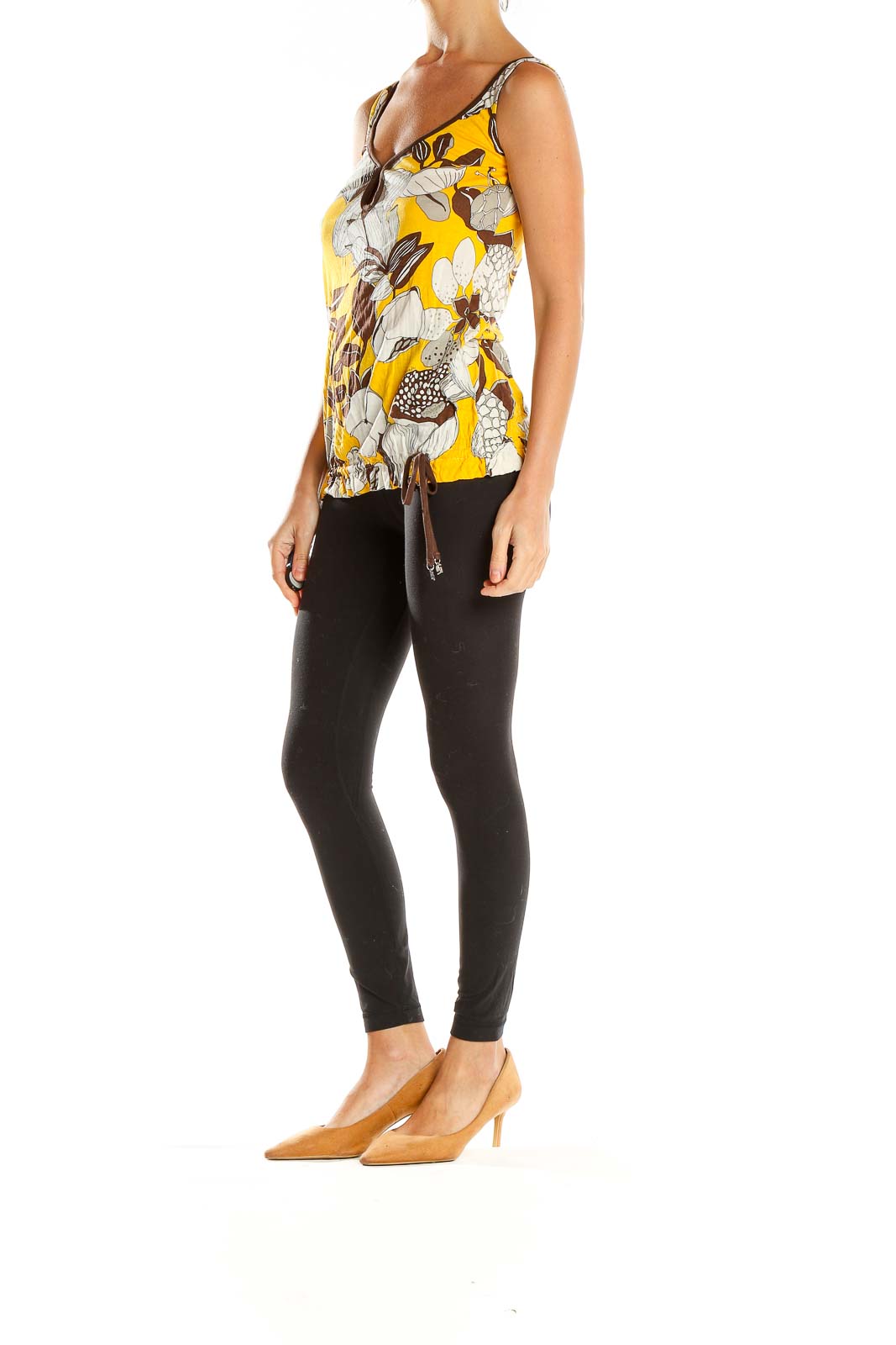 Yellow Brown Floral Print Retro Tank Top