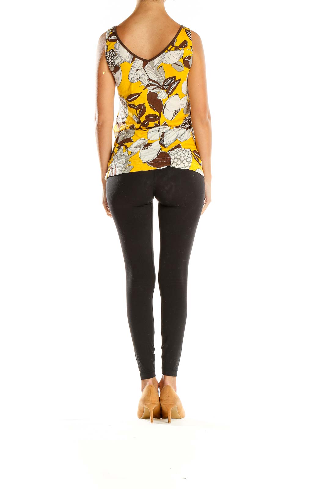 Yellow Brown Floral Print Retro Tank Top