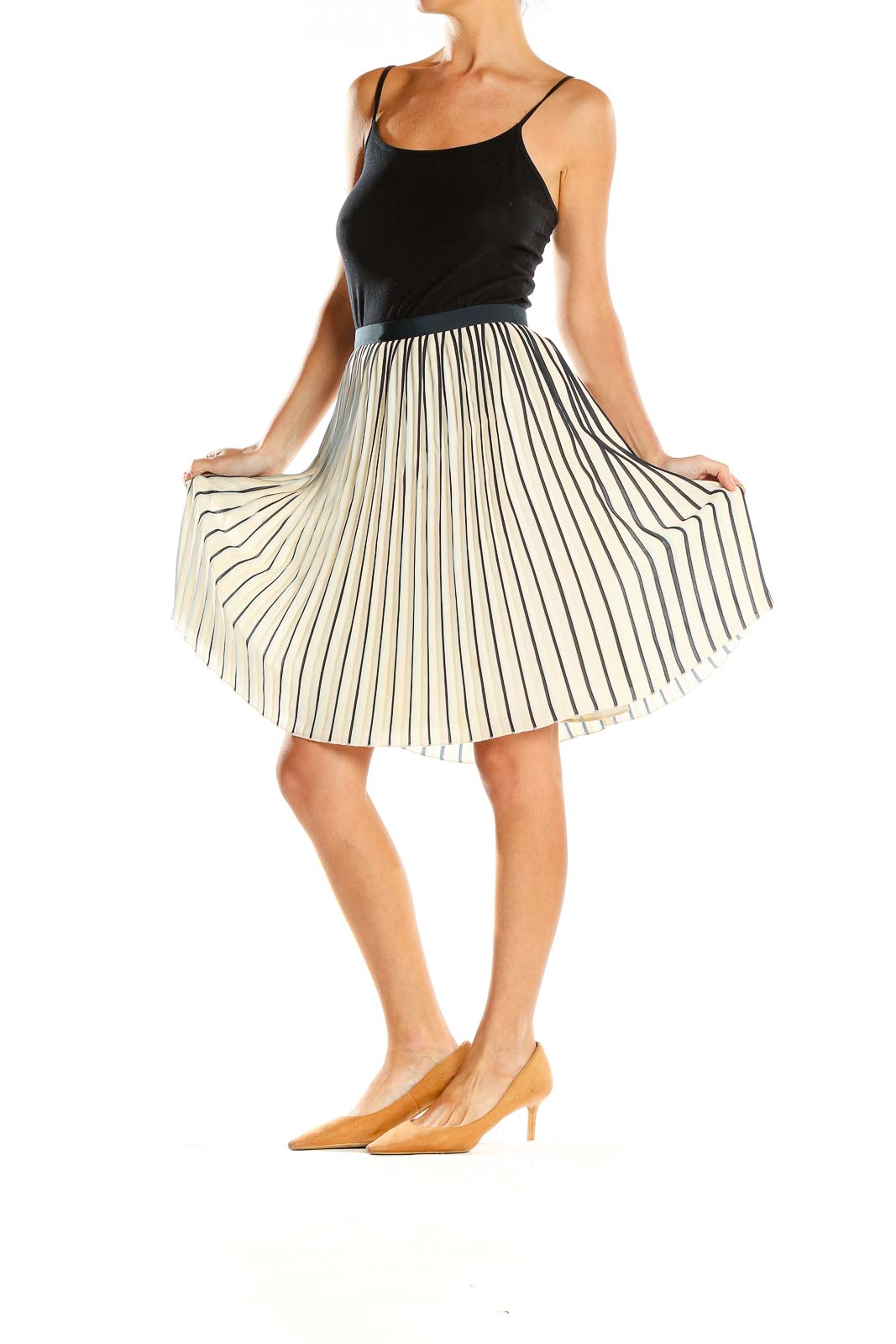 Beige Striped Chic Pleated Skirt