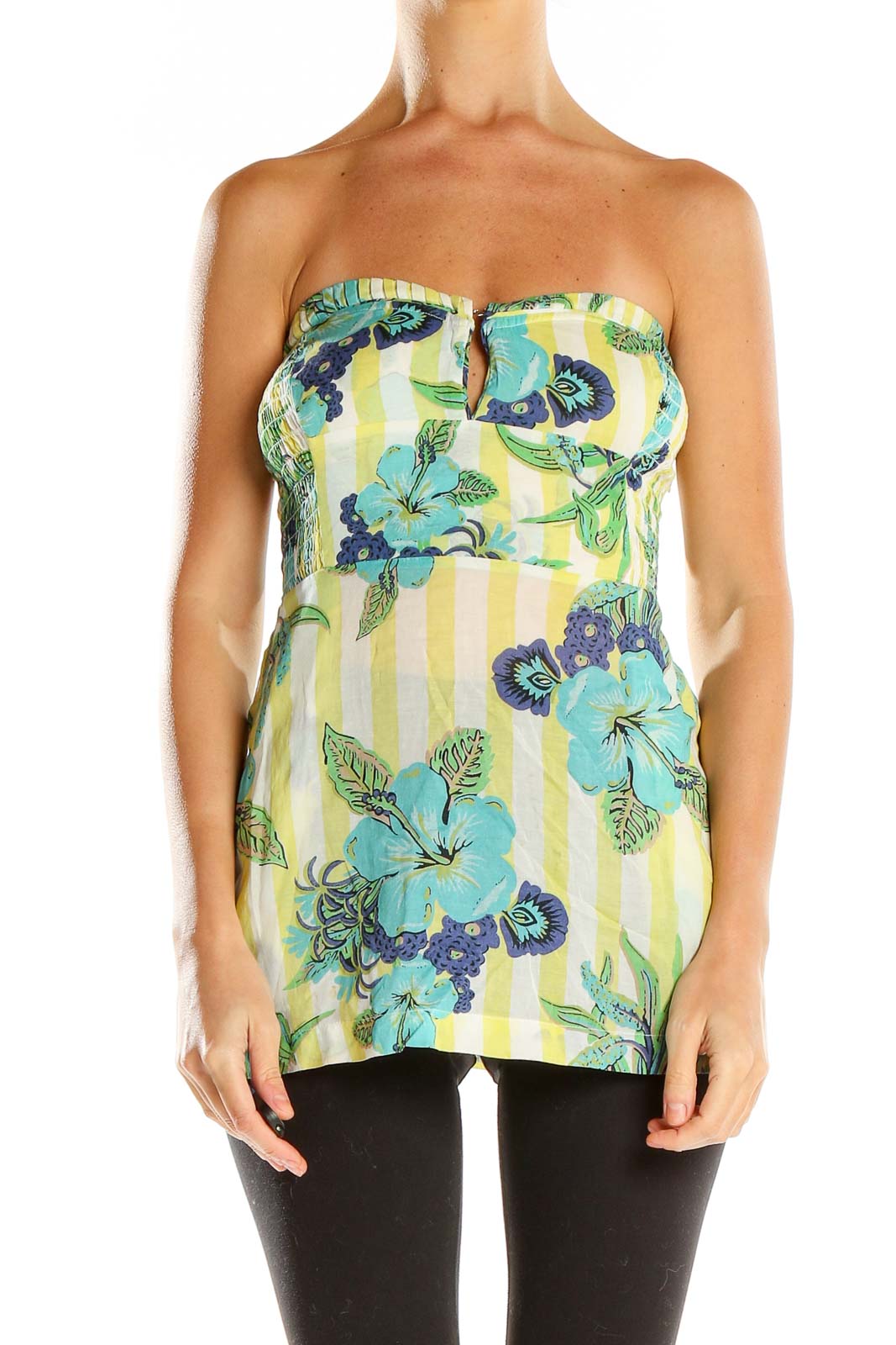 Front view of Free People Yellow Floral Strapless Top with striped background and turquoise flowers