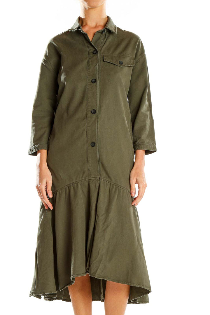 Army Green Drop Waist Shirt Dress