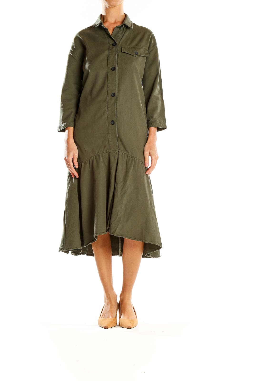 Army Green Drop Waist Shirt Dress