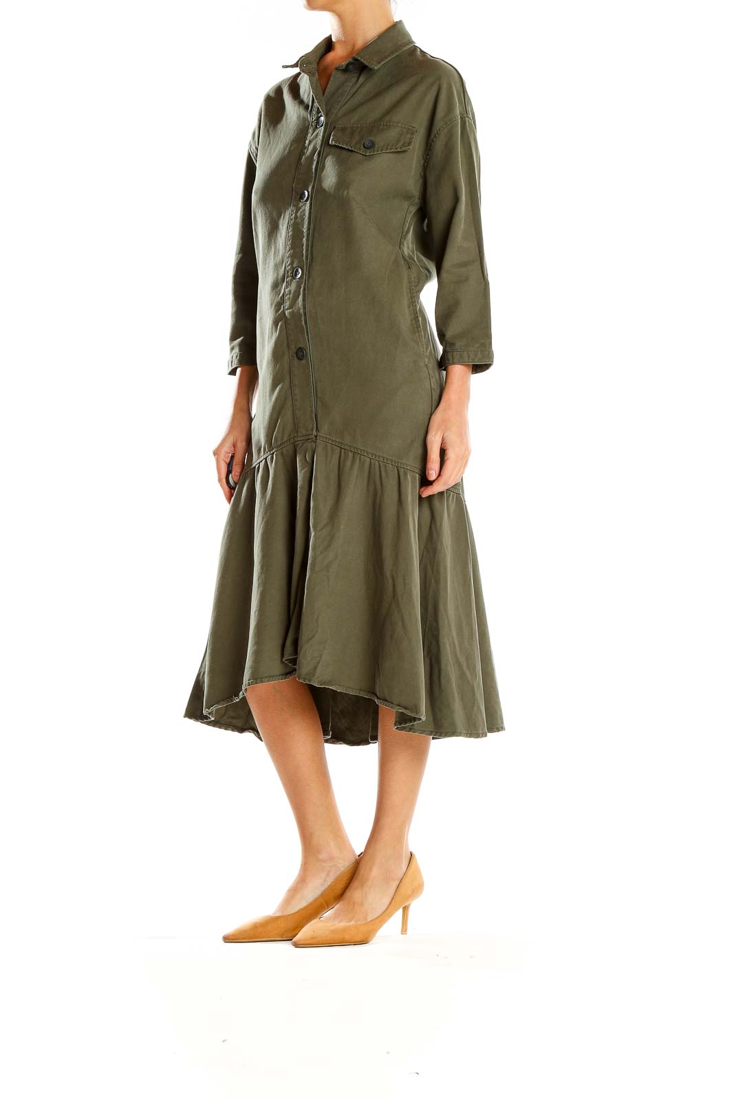 Army Green Drop Waist Shirt Dress