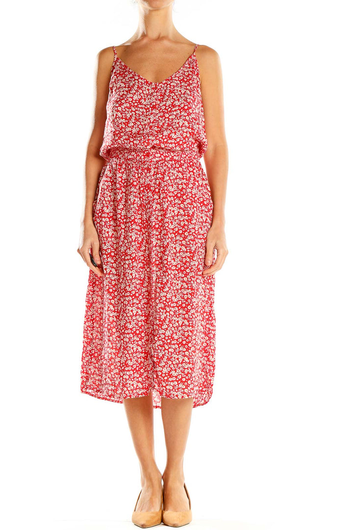 Red Floral Print Chic Midi Dress