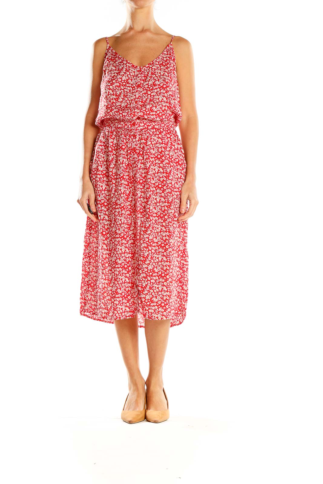 Red Floral Print Chic Midi Dress