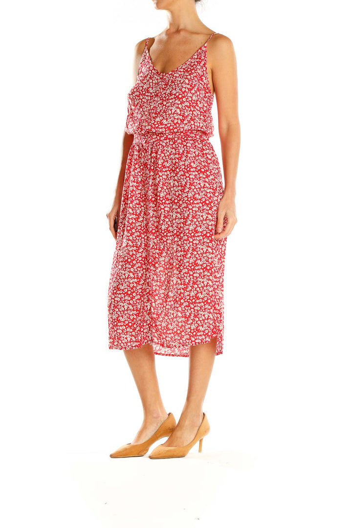 Red Floral Print Chic Midi Dress