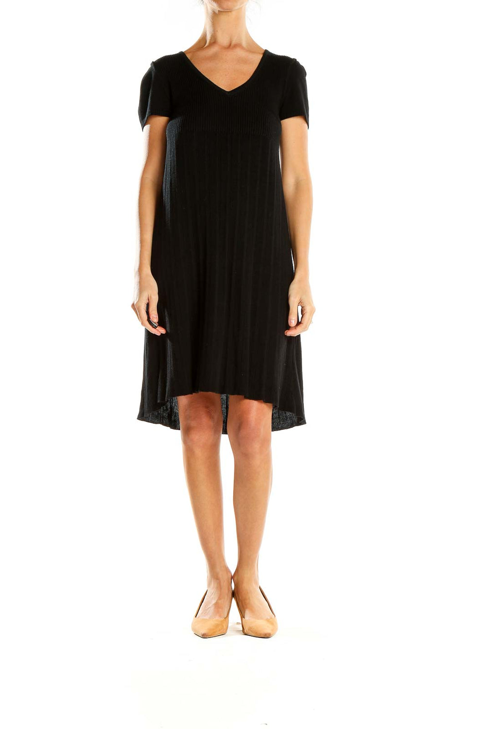 Max Studio Black V-Neck Knit Dress with High-Low Hem SilkRoll Max Studio Black V-Neck Knit Dress with High-Low Hem SilkRoll