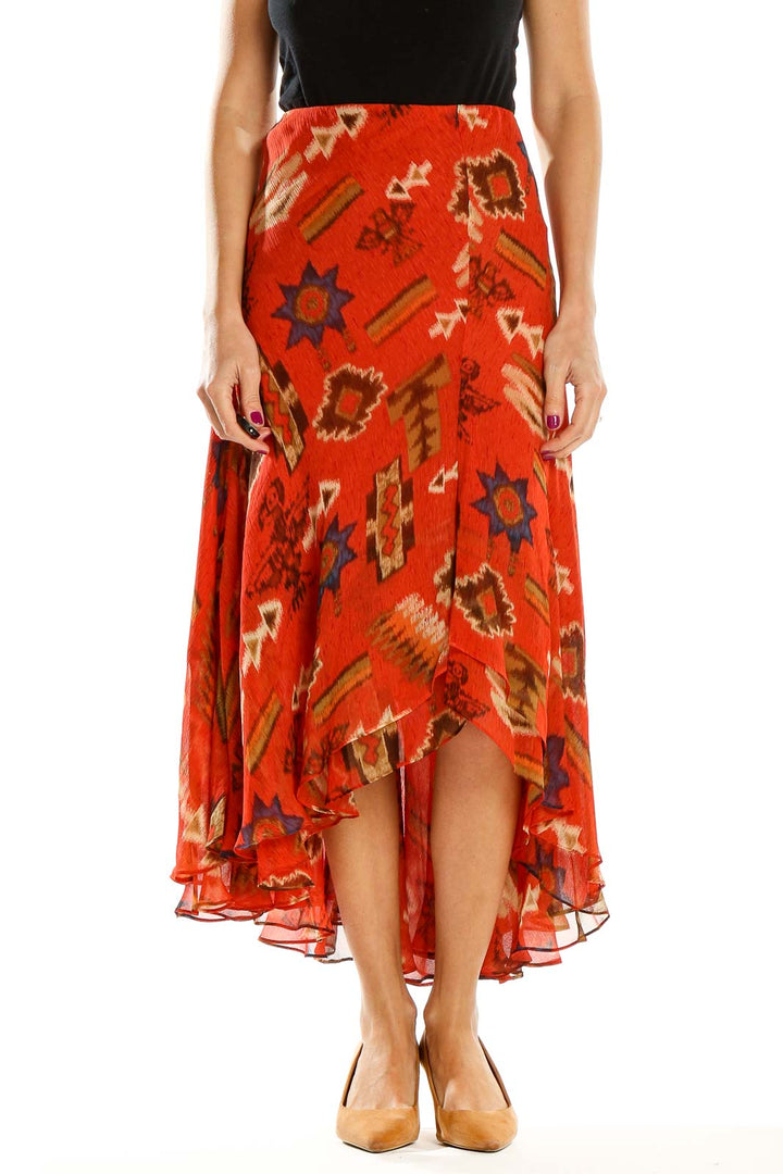 Red Printed Chic Flared High Low Skirt