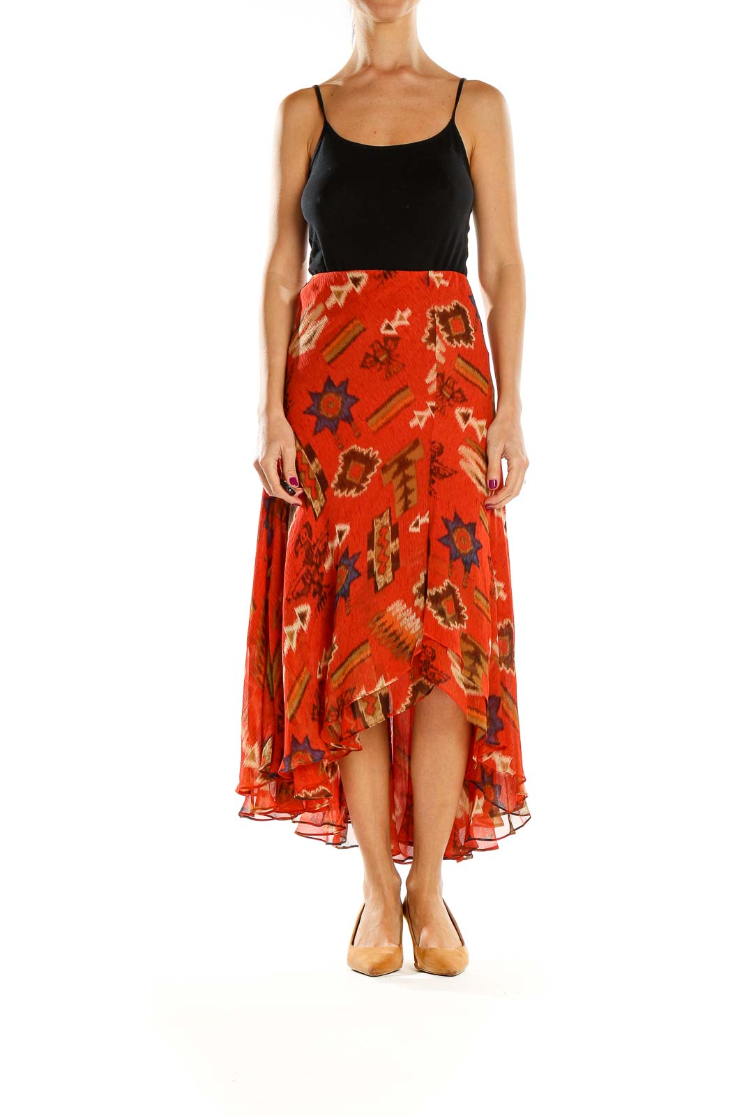 Red Printed Chic Flared High Low Skirt