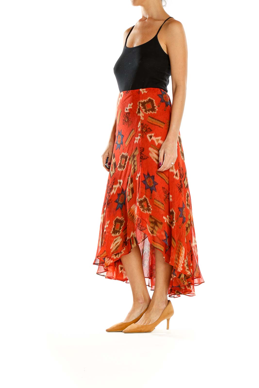 Red Printed Chic Flared High Low Skirt