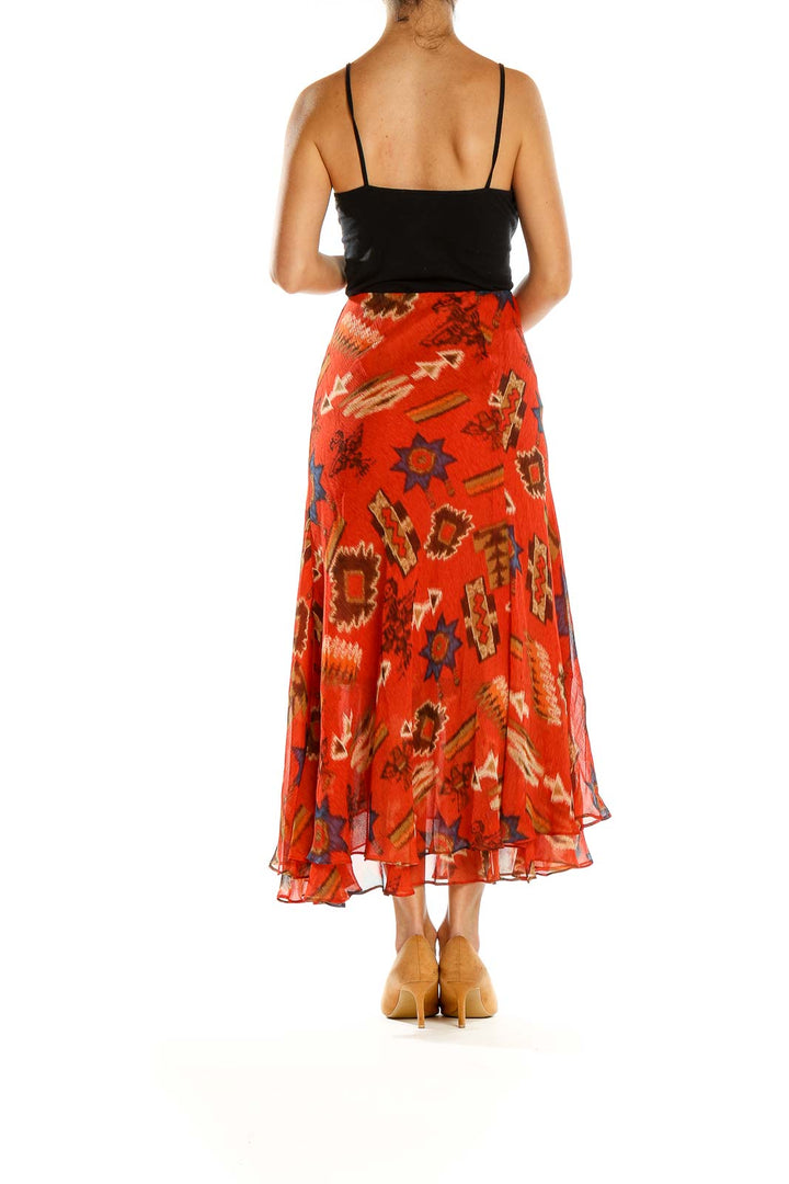 Red Printed Chic Flared High Low Skirt