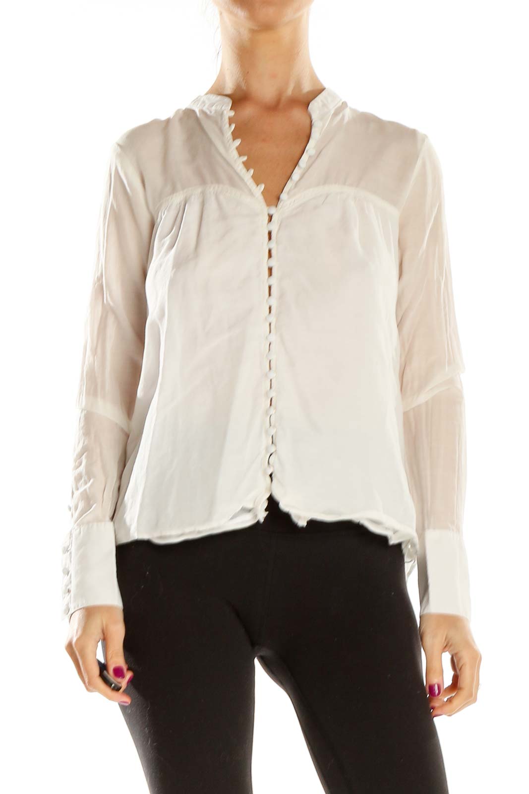 Front view of Free People white sheer button-up blouse with scalloped V-neckline