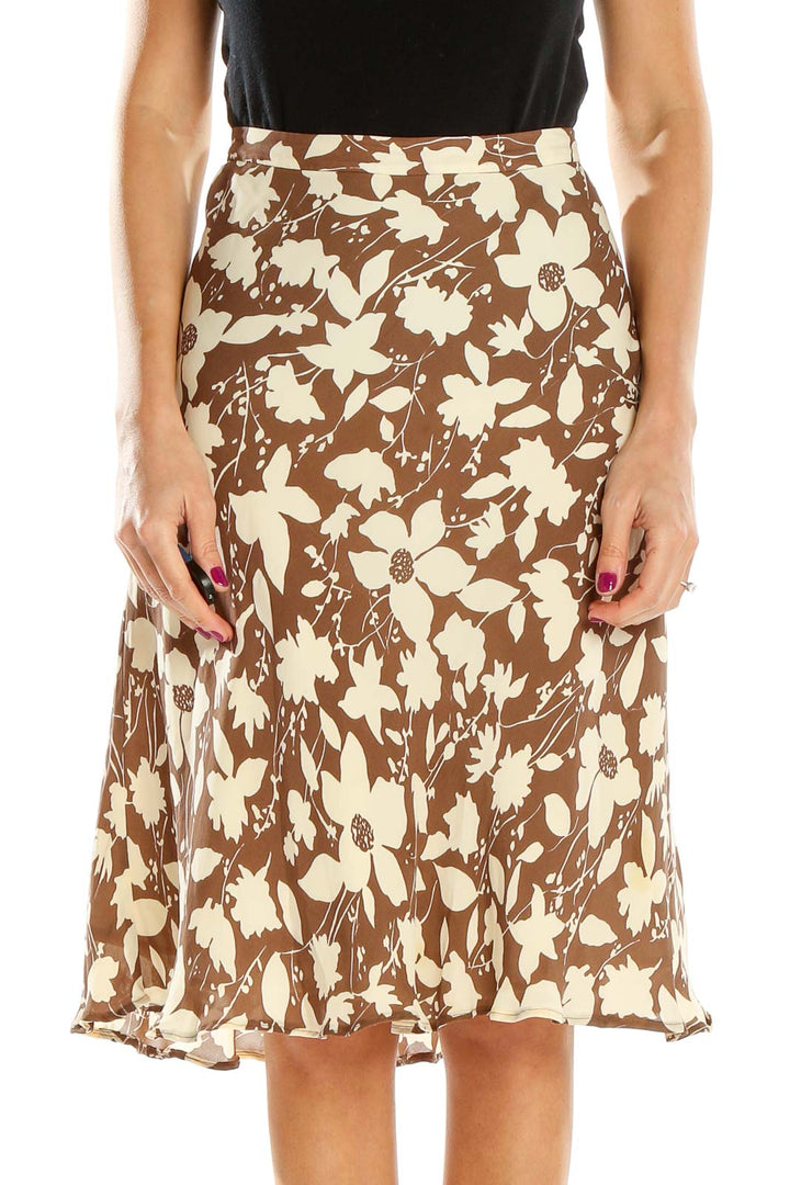 Brown Printed Silk A-Line Skirt