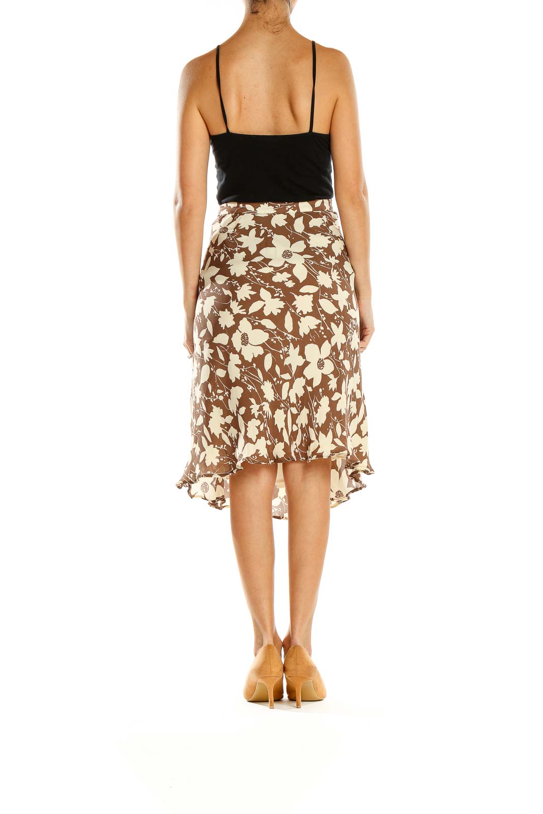 Brown Printed Silk A-Line Skirt