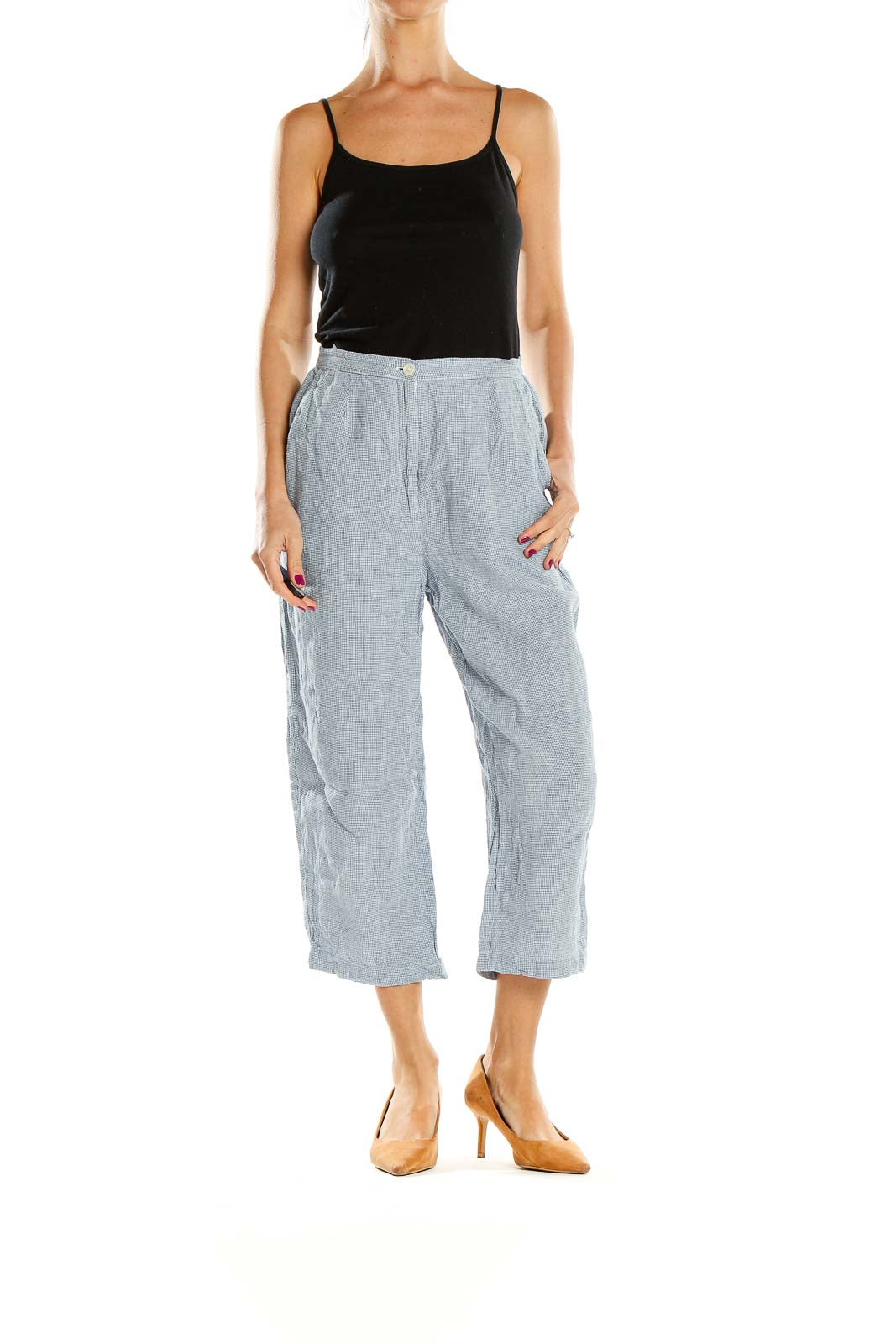 Blue Cropped Casual Linen Pants