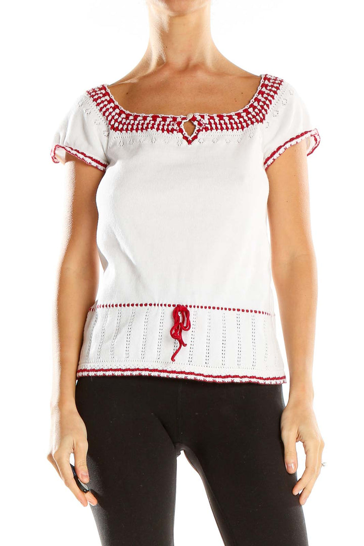 White Red Embroidered Babydoll Top