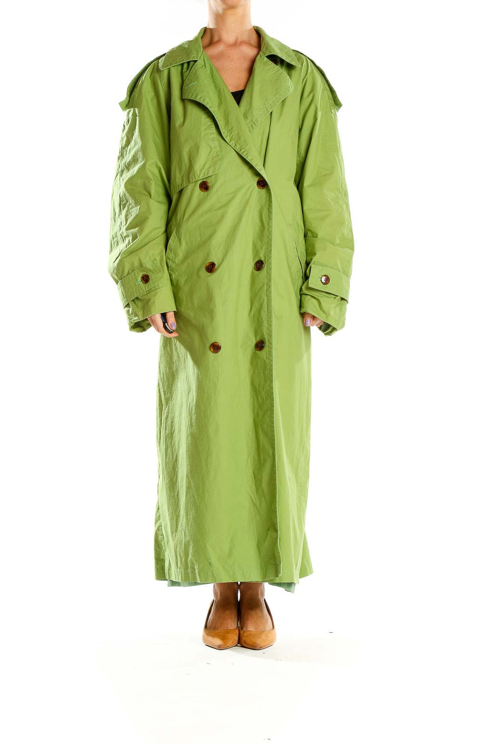 Green Double-Breasted Trench Coat - Main Image