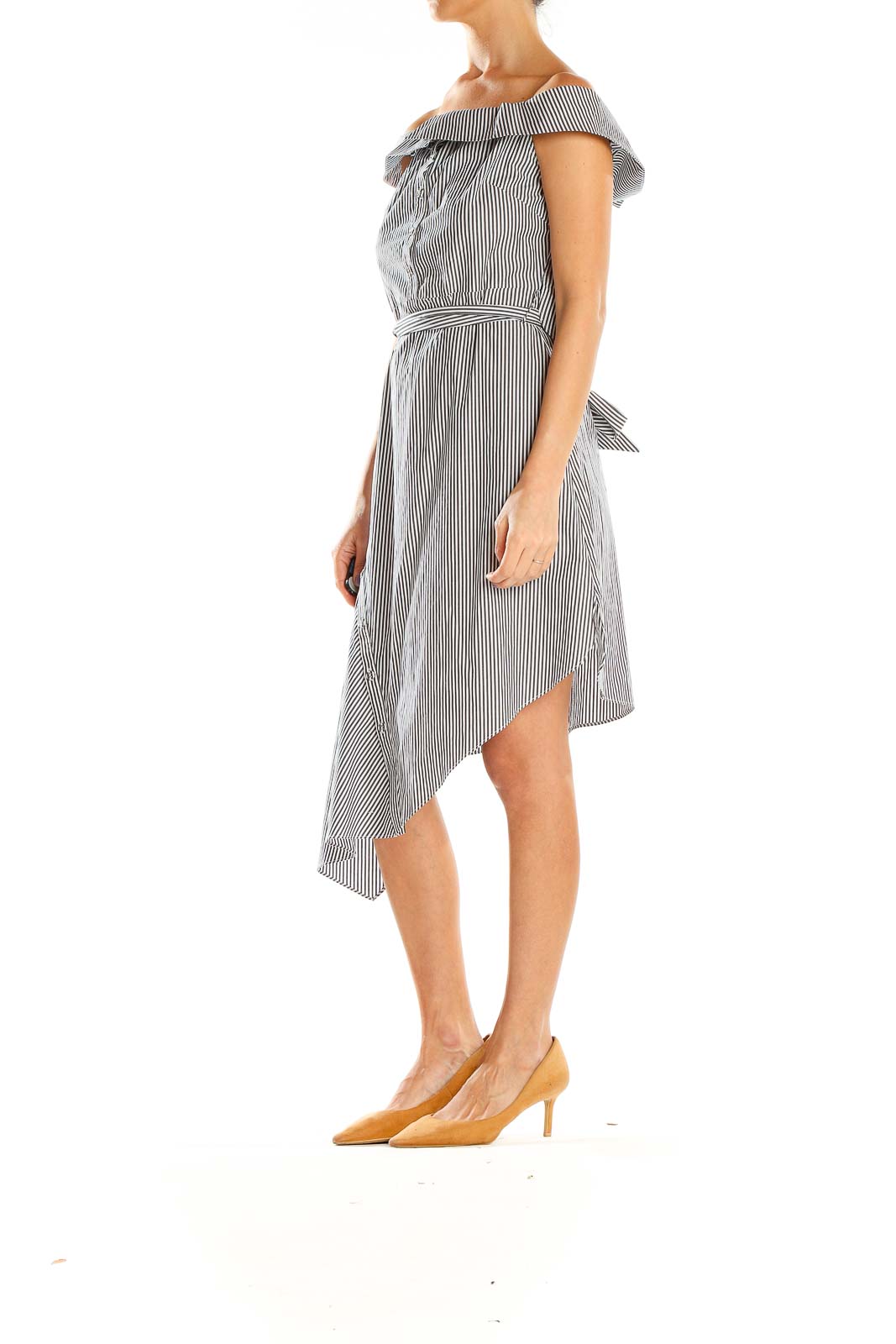 Gray Striped Off The Shoulder Asymmetrical Dress