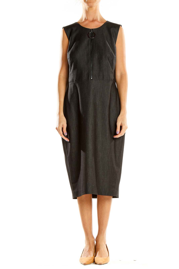 Front view of Calvin Klein charcoal sleeveless midi dress with circular zipper pull