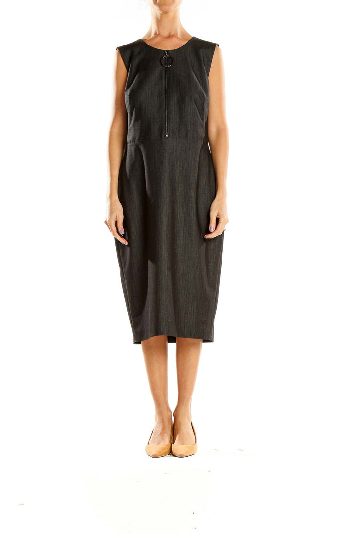 Front view of Calvin Klein charcoal sleeveless midi dress with circular zipper pull