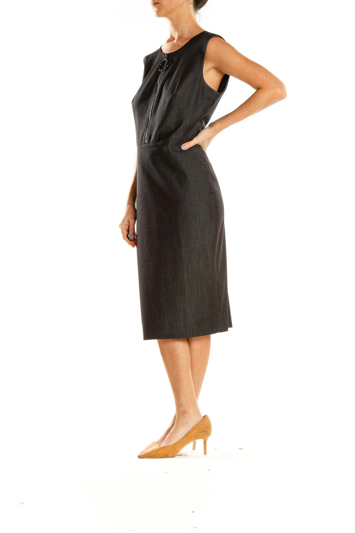 Front view of Calvin Klein charcoal sleeveless midi dress with circular zipper pull