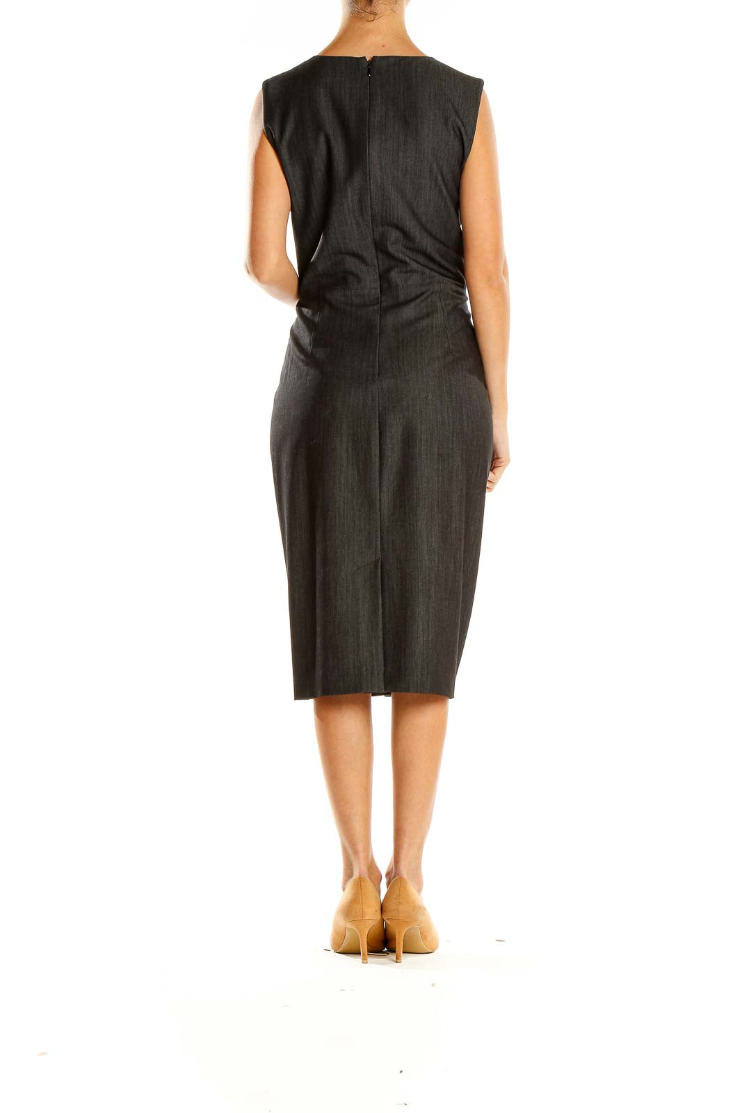 Side view of Calvin Klein charcoal sleeveless midi dress showing silhouette