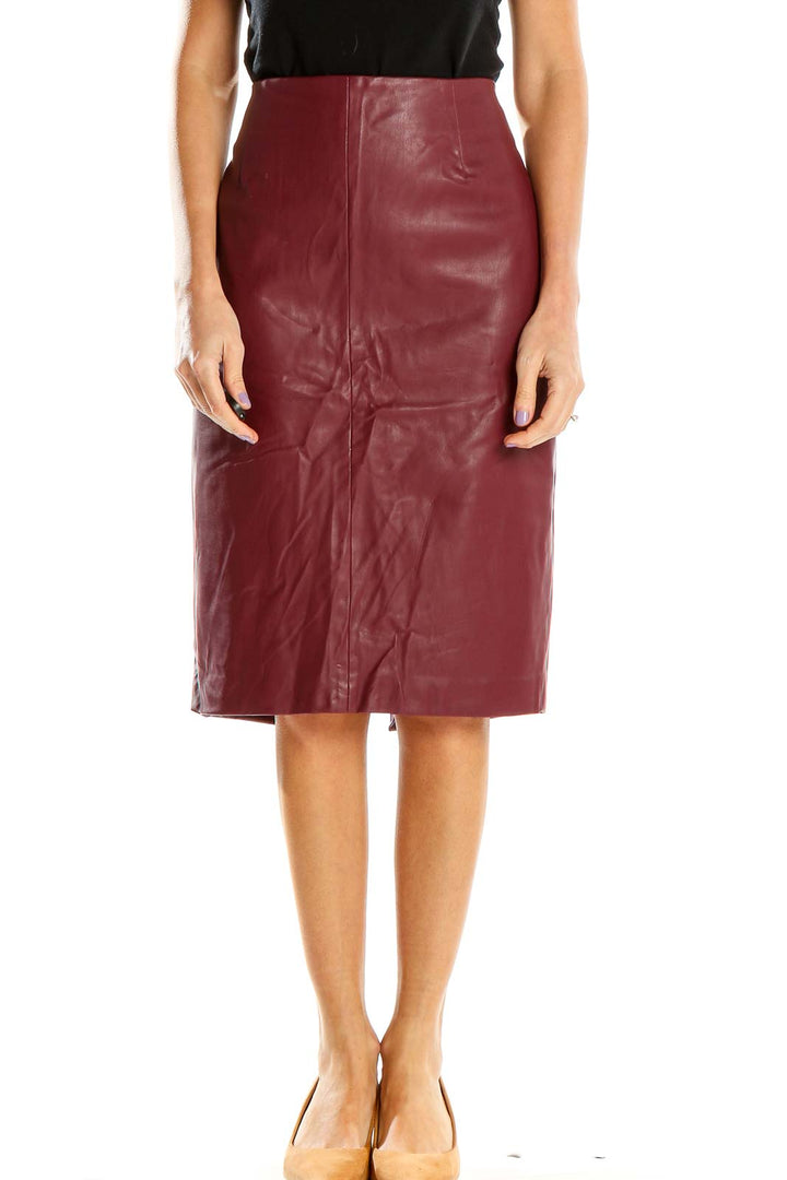 Front view of Belle + Sky burgundy faux leather pencil skirt