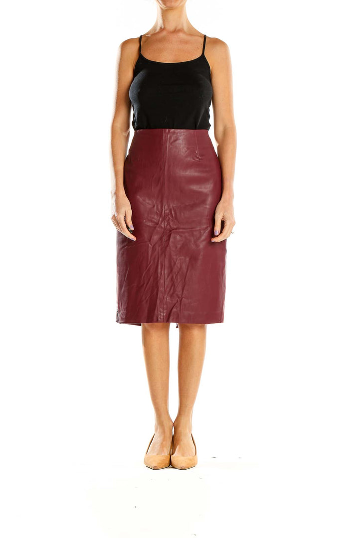 Front view of Belle + Sky burgundy faux leather pencil skirt