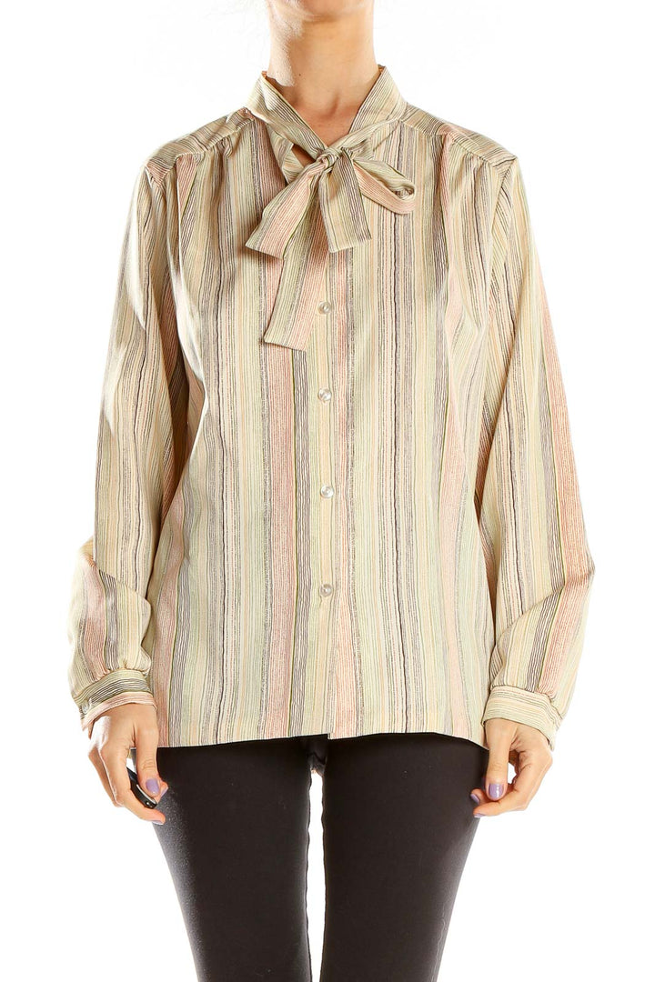 Multicolor Vintage Striped Button Up Shirt With Neck Tie