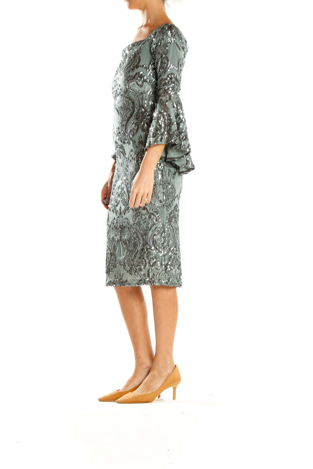 Front view of Betsy & Adam sage green sequined cocktail dress with bell sleeves