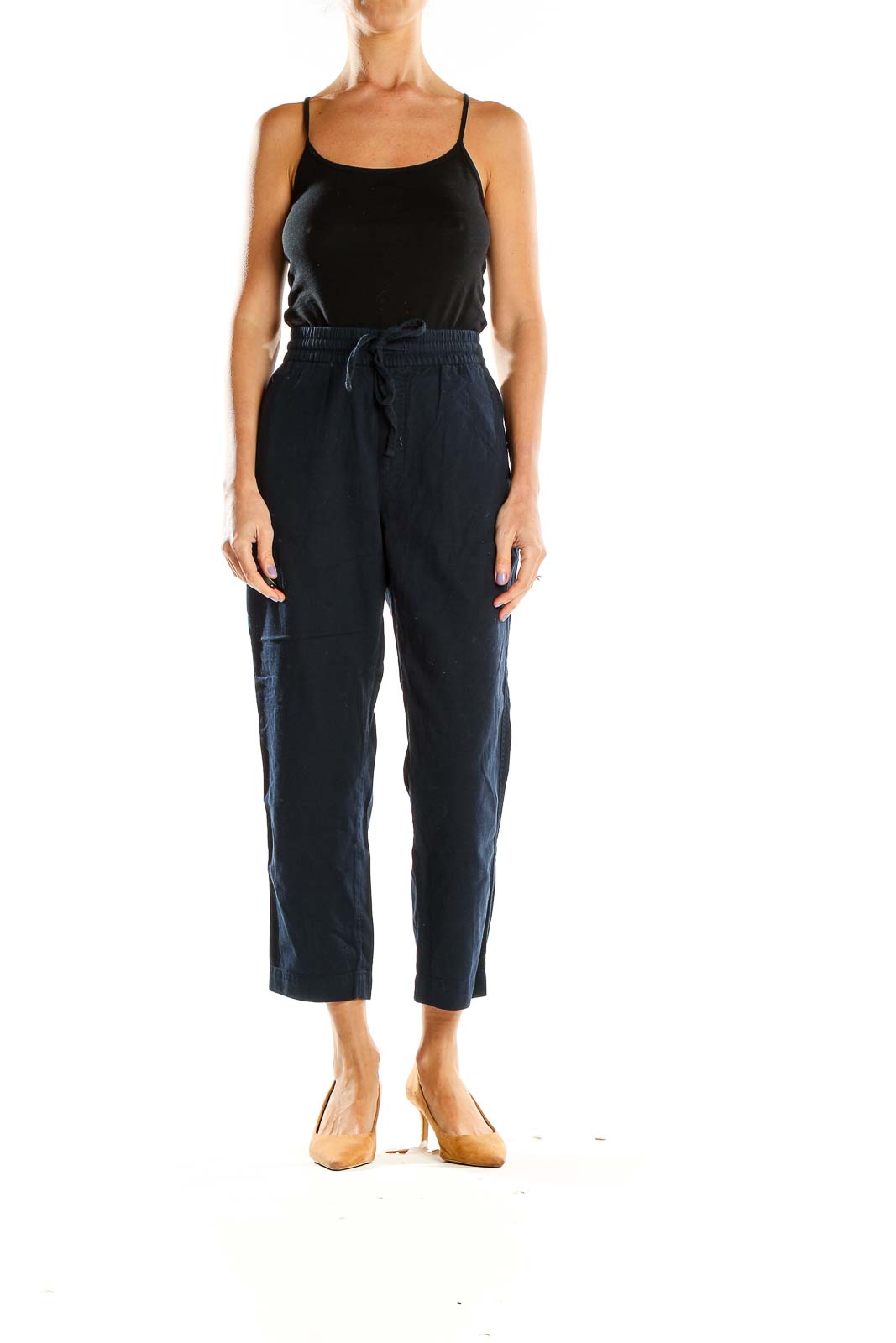 Blue Casual Drawstring Cropped Pants