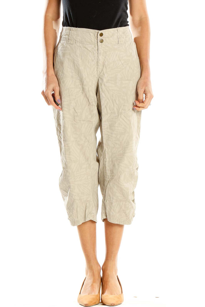 Beige Printed Casual Cropped Pants