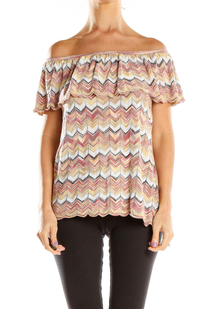 Front view of multicolor chevron off-shoulder knit top from White House Black Market