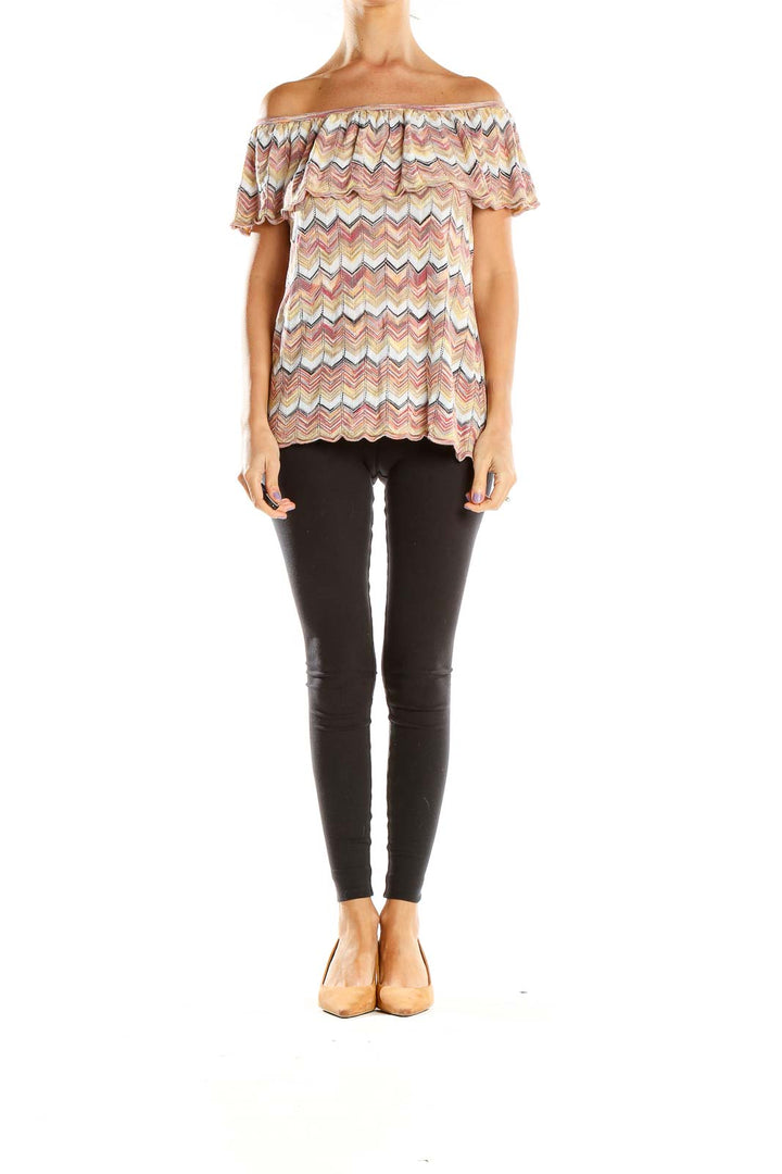 Front view of multicolor chevron off-shoulder knit top from White House Black Market